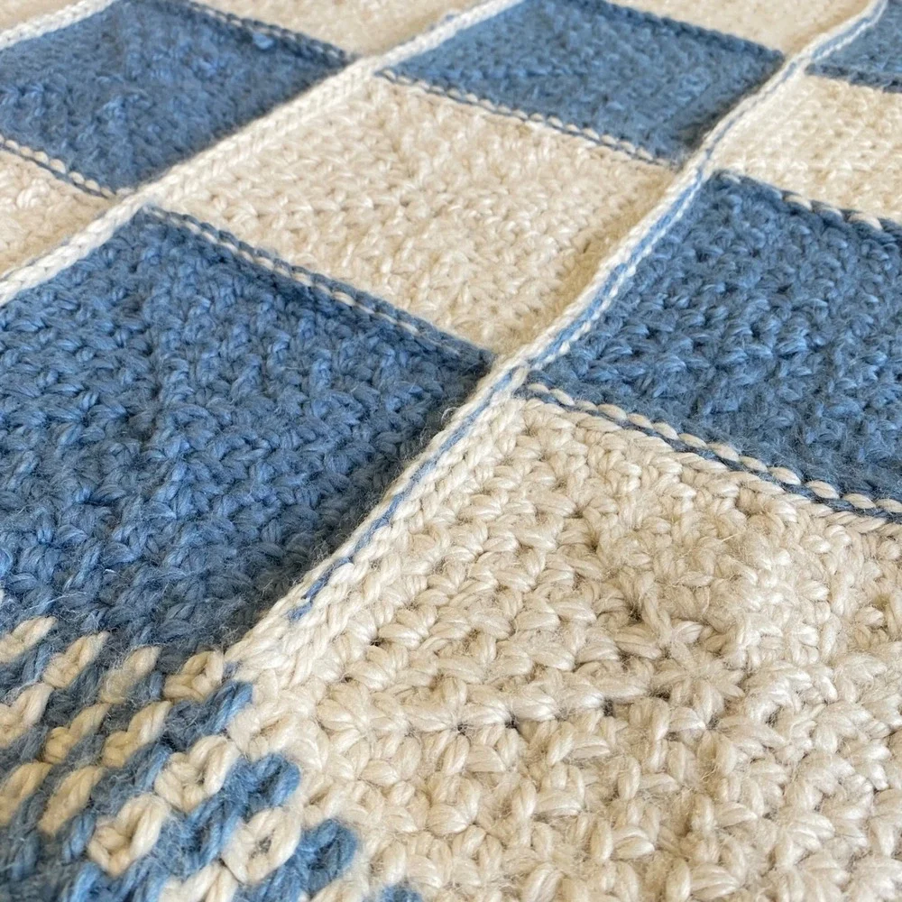 Vintage Handmade‎ Crochet Baby Blanket Blue Cream Checkered Super Soft 40x32